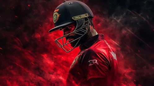 Cricketer in helmet stands amid red and black smoky effects