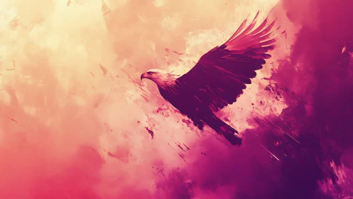 Soaring eagle silhouette cuts through magenta atmospheric haze