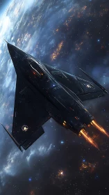 Stealth spacecraft in low orbit above illuminated planet.