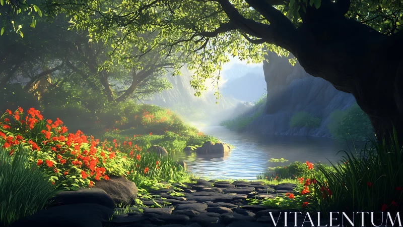 Sunlit forest river with stone path and red wildflowers.