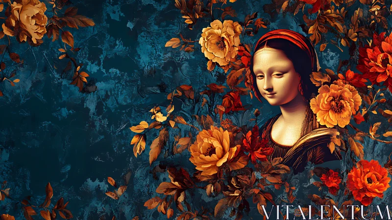 Renaissance muse adrift in a wild bloom of autumn roses.