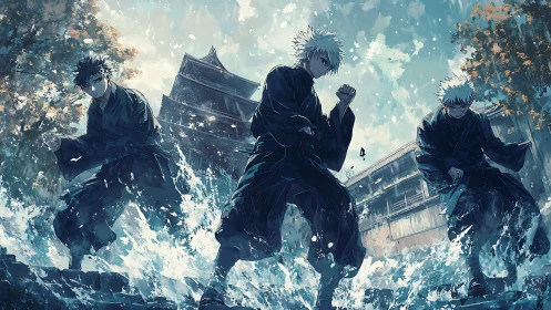 Stormlit anime swordsmen advancing through turbulent courtyard
