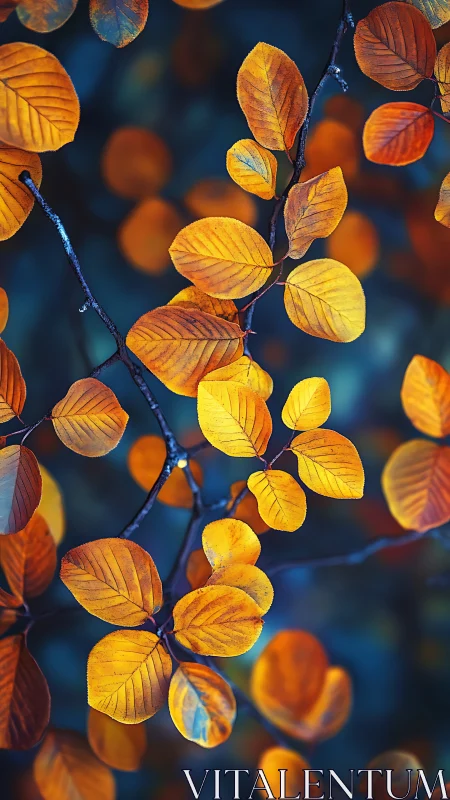 Golden autumn leaves against deep teal forest bokeh.