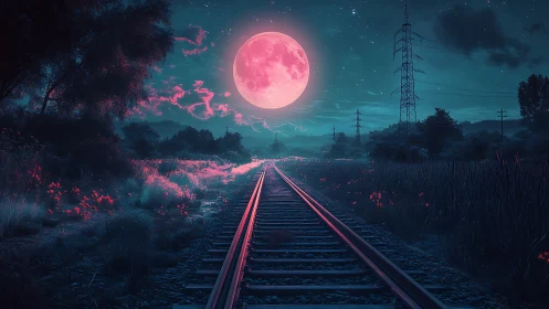 Neon moonrise over dreamlit railway into the electric dusk.