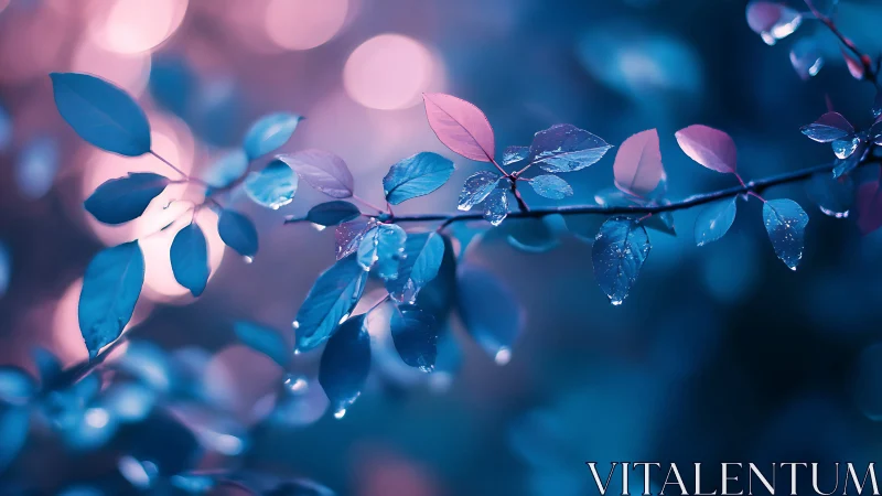 Dreamy dew-kissed leaves glow in gentle pink and blue light