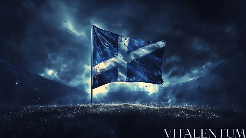 Stormlit Scottish saltire flag amid brooding highland sky.