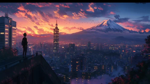 Solitary rooftop figure overlooking neon city at sunset.