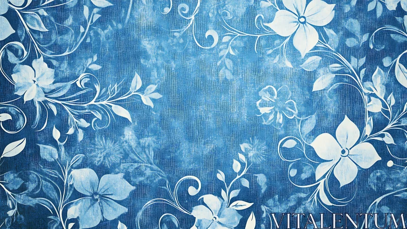 Blue Floral Damask Textile Pattern with White Blooms.