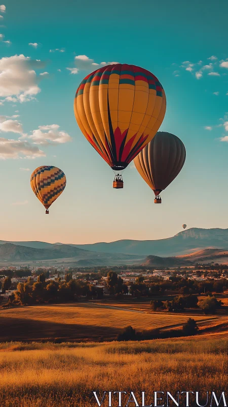Trio of hot air balloons at golden hour over rural valley