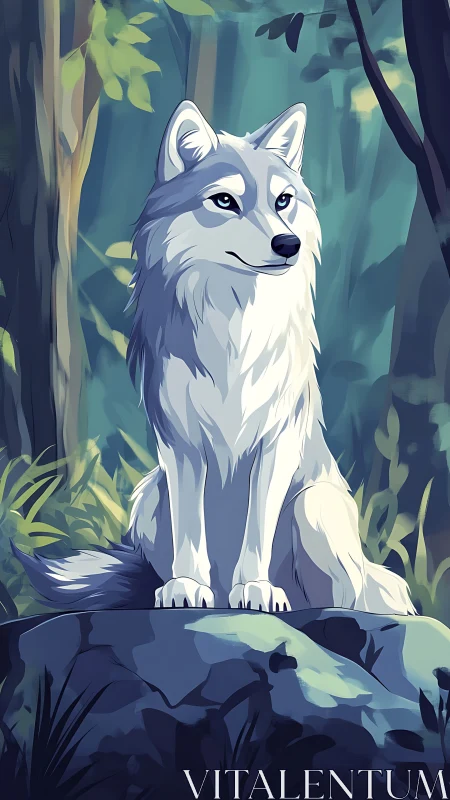 White wolf rests calmly on a forest rock in soft light.