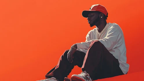 Solitary rapper in stylized profile on vivid orange plane.
