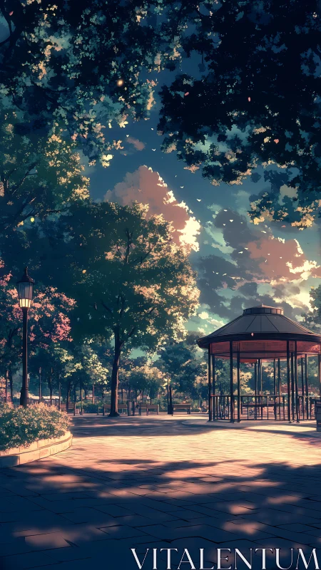 Evening-lit park pavilion with long cast shadows and soft bokeh foliage