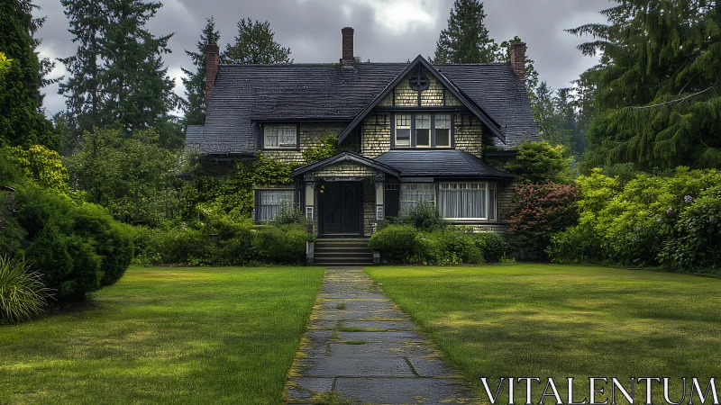 Storybook cottage broods beneath rainy forest twilight hush.