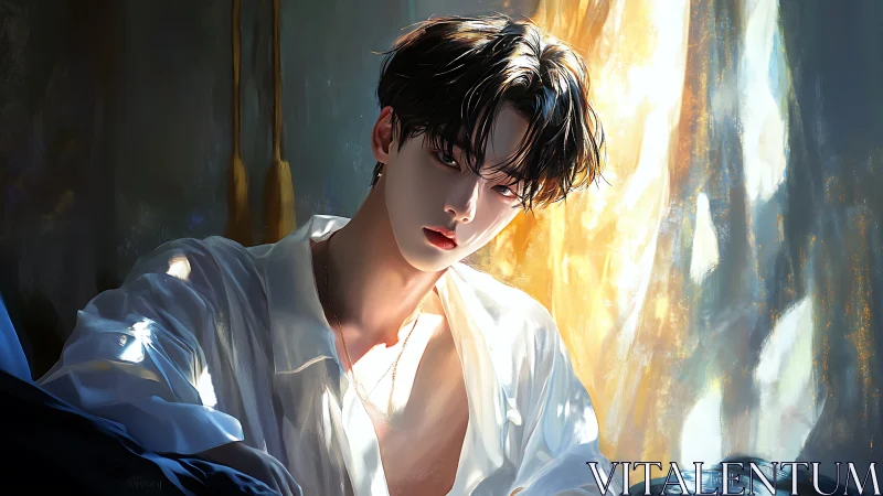 Sunlit stranger leans into molten dawn and shadowed hush.