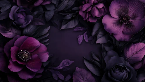 Dark Florals: Purple Flowers on Black Background.