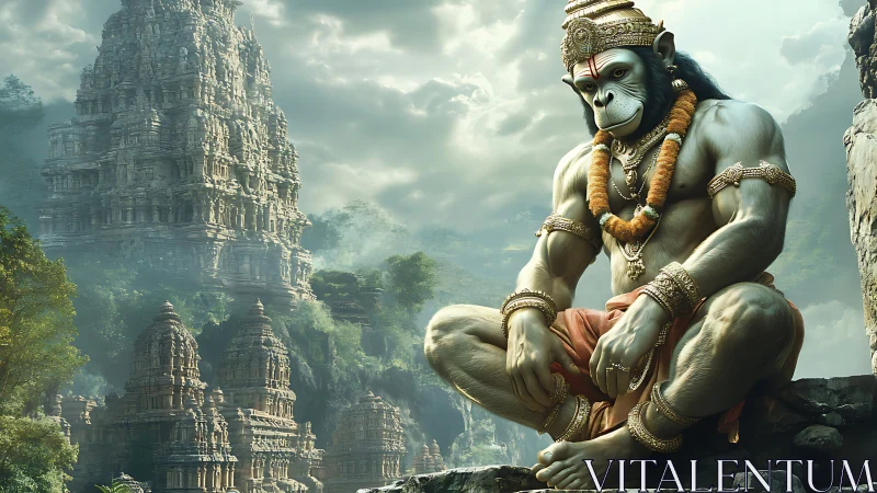 Mythic monkey warrior statue before ornate stone temples.