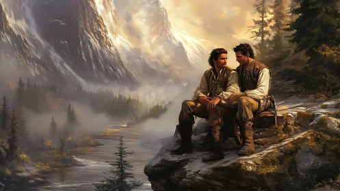 Mountain companions share a quiet moment above misted valley.