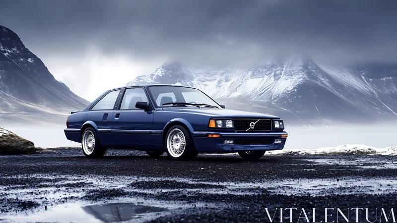 Classic blue Volvo coupe rests proudly by icy mountain lake