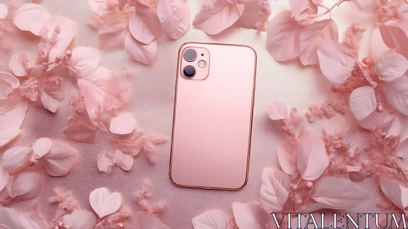 Pink iPhone with Rose Gold Frame on Floral Background