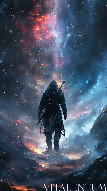 Stargazer wanderer striding into a burning cosmic rift.