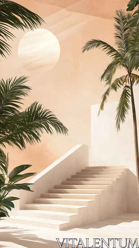 Minimalist sunlit stairs rise beside tall tropical palms