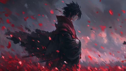 Solitary warrior walks through a storm of crimson petals