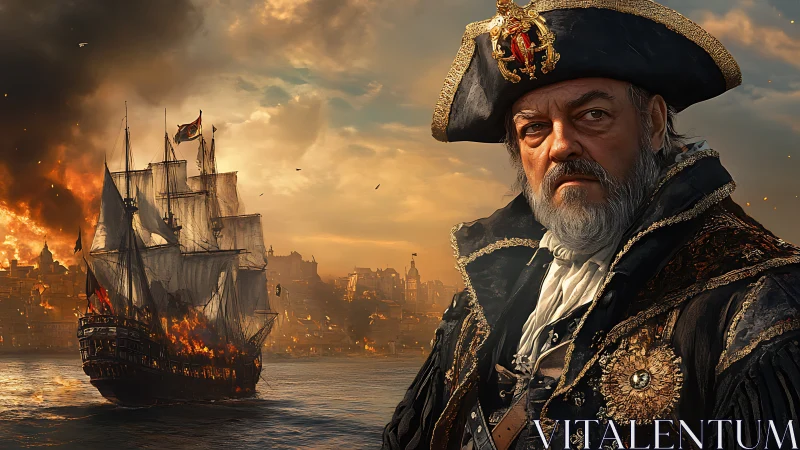 Stern pirate captain with burning ship near coastal city.