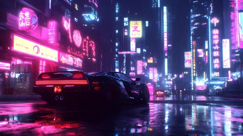 Neon drenched cyberpunk supercar in rainy high rise streetscape