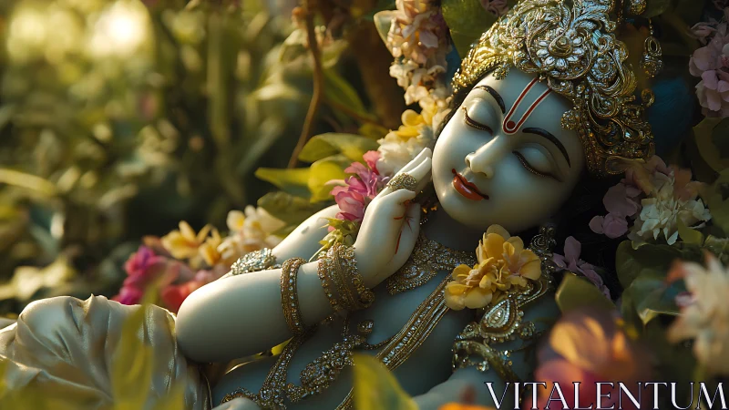 Divine sleeping deity statue rests amid golden garden light