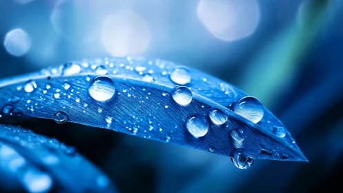 Gentle morning droplets resting on a soft blue leaf.