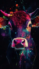 Neon night cow portrait splashed in playful cosmic color.