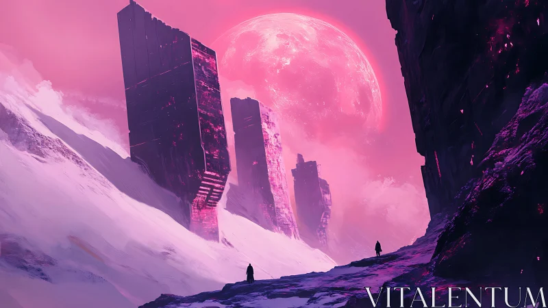 Colossal monoliths in snowy canyon under oversized moon.