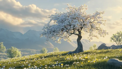 Photorealistic alpine blossom tree in luminous spring meadow.