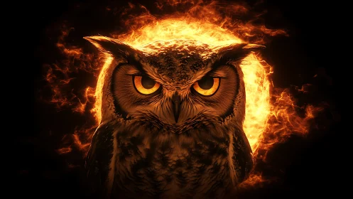 Fiery-eyed owl stands calm before a blazing solar halo