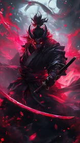 Horned samurai figure with glowing red katana and embers.