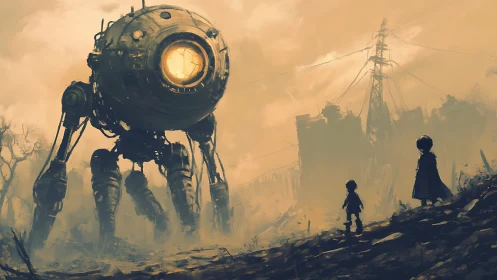 Large spherical robot and two figures in ruined landscape.