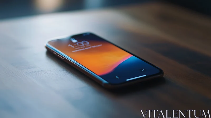 Smartphone with Orange Gradient Wallpaper on White Surface.