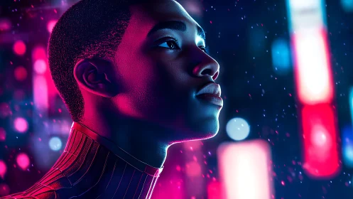 Young dreamer glowing in neon city night lights.