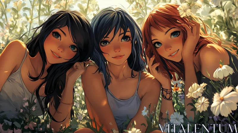 Anime trio portrait in sunlit wildflower meadow composition.