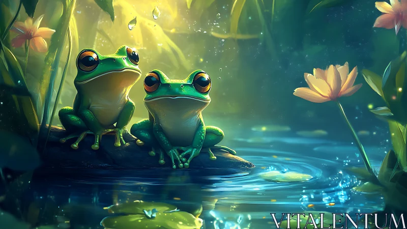 Two luminous frogs share a magical moment by a pond