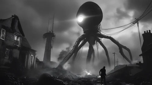 Colossal tripod war machine over ruined monochrome cityscape.