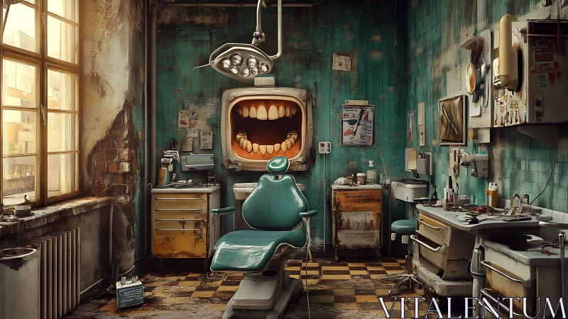 Abandoned teal dental clinic shows monstrous gaping mouth chair