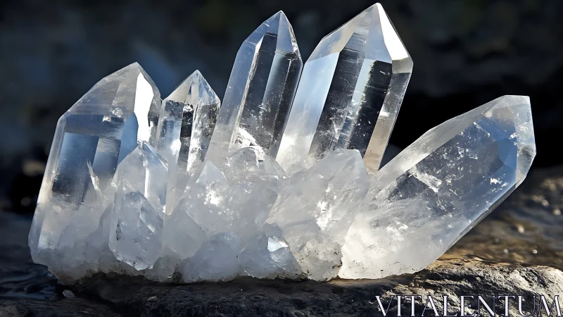 Glistening quartz crystal cluster rests in gentle natural light