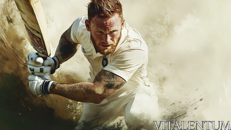Dynamic cricket batsman drives ball through dust storm.