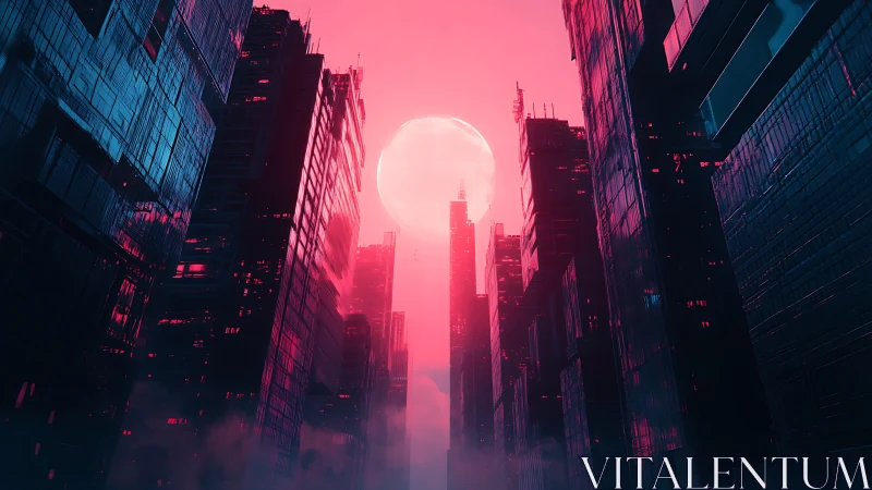 Neon lit high rise corridor under large moon at dusk.