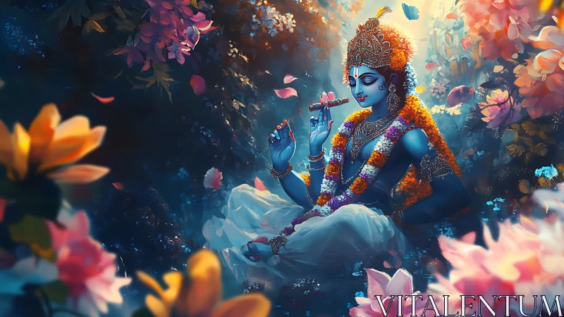 Blue-skinned figure with flute amid dense floral setting.