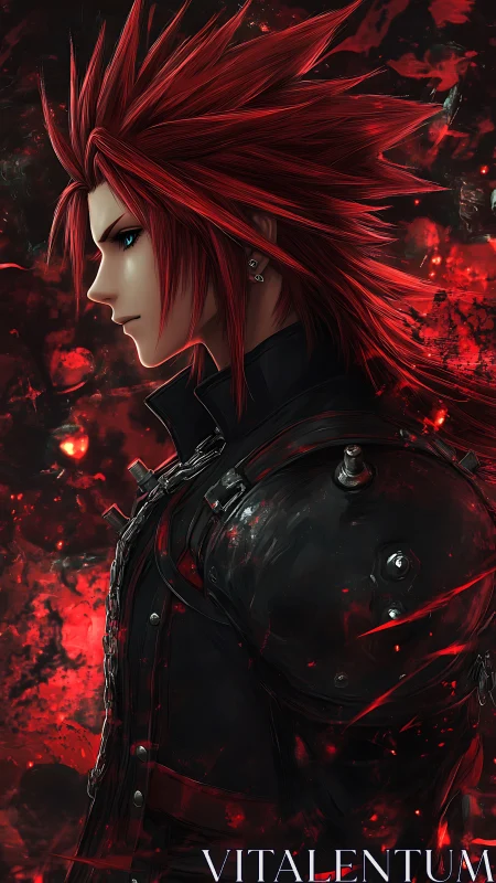 Red‑haired warrior stands in profile amid burning embers