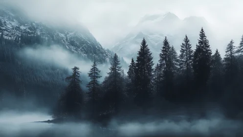 Silent pines guard a mist-drowned mountain valley at dawn.