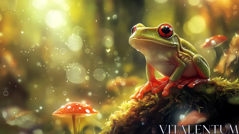 Luminous red-eyed frog poised on mossy forest ledge.
