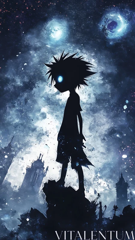 Silhouetted child with glowing eyes surveys cosmic ruins